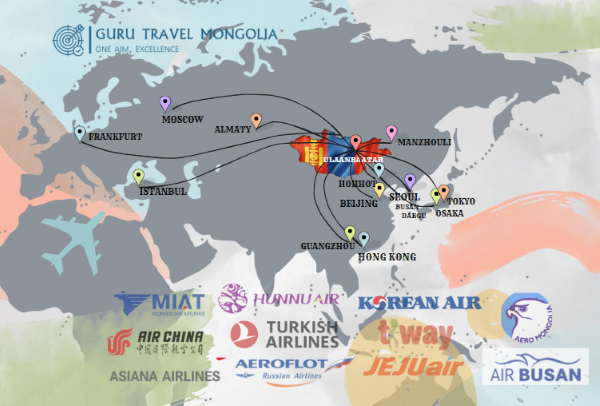 Gateway cities to Mongolia map Direct flights to Mongolia